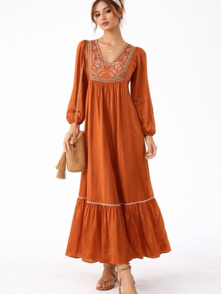 Ex Voto Nwt Embroidered V-Neck Maxi Dress In Burnt Orange Sz M